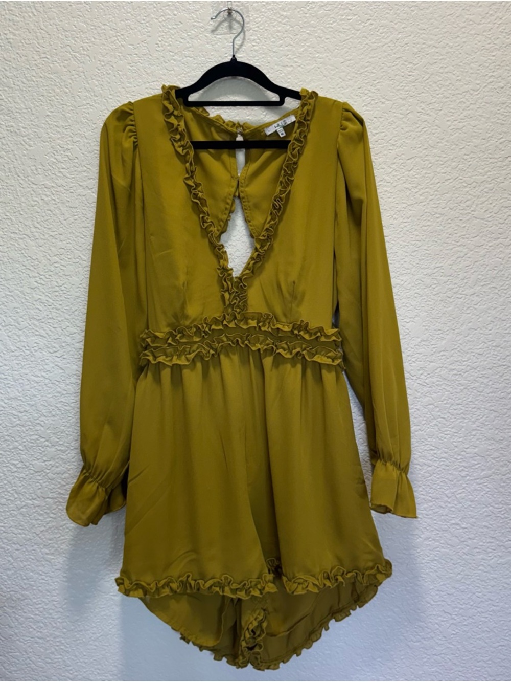 Ruffled V-Neck Long Sleeve Romper Dress in Mustard Green